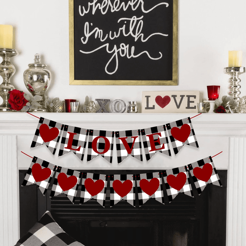 Valentine'S Day Love Banner Red Heart Buffalo Plaid Garlands Black White Hanging Bunting Sign Home Mantel Party Decorations Arts & Entertainment > Party & Celebration > Party Supplies vanda888   