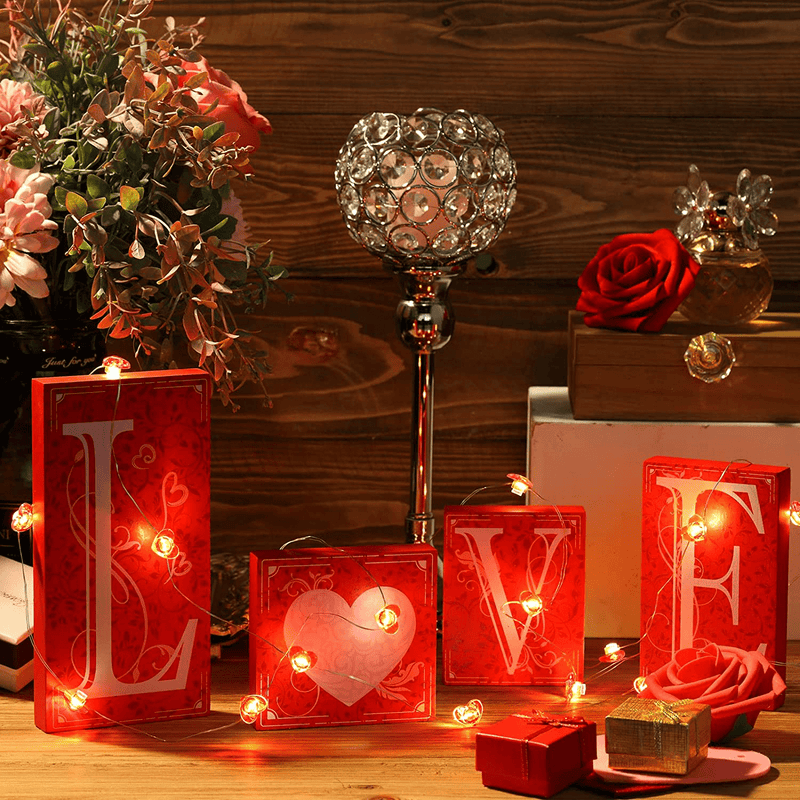 Valentine'S Day Love Decor Set Wooden Valentines Day Decor Sign Double Sided Printing Table Decorations with Red Heart Lights Valentines Day String Lights for Home Wall Table Party Decorations Home & Garden > Decor > Seasonal & Holiday Decorations Queekay   