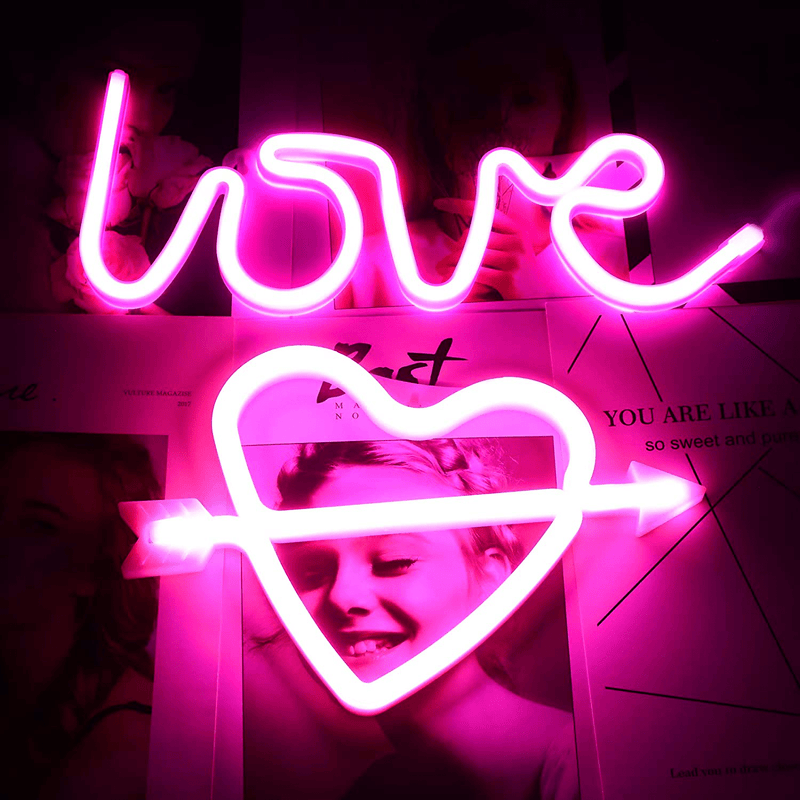 Valentine'S Day Love Neon Sign Lights for Wall Decor Love Cupid'S Bow Neon Night Lights Decorative LED Neon Light Wall Light Art Wall Decor Battery or USB Operated for Wedding Birthday Festive Party Home & Garden > Decor > Seasonal & Holiday Decorations Honoson   