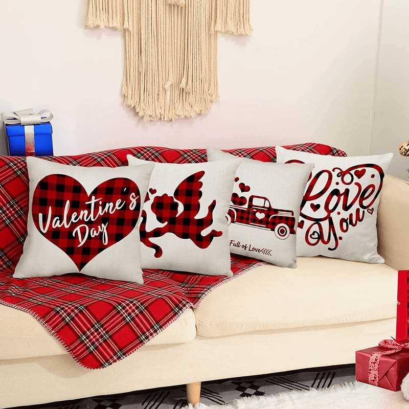 Valentine'S Day Pillow Covers 18X18 Inches Black and Red Buffalo Plaid Throw Pillow Covers Holiday Checkered Heart Love Truck Outdoor Linen Square Cushion Case for Bed Sofa Couch Chair Set of 4 Home & Garden > Decor > Seasonal & Holiday Decorations KALAWA   