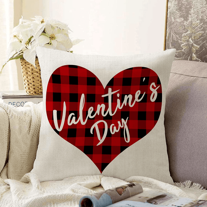 Valentine'S Day Pillow Covers 18X18 Inches Black and Red Buffalo Plaid Throw Pillow Covers Holiday Checkered Heart Love Truck Outdoor Linen Square Cushion Case for Bed Sofa Couch Chair Set of 4 Home & Garden > Decor > Seasonal & Holiday Decorations KALAWA   