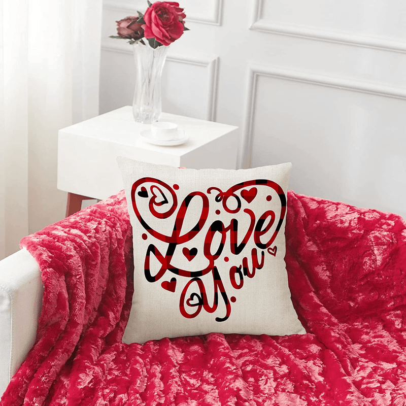 Valentine'S Day Pillow Covers 18X18 Inches Black and Red Buffalo Plaid Throw Pillow Covers Holiday Checkered Heart Love Truck Outdoor Linen Square Cushion Case for Bed Sofa Couch Chair Set of 4