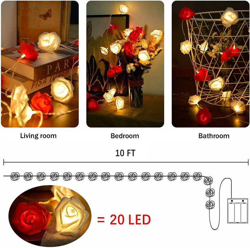 Valentine'S Day Rose String Lights 10 Ft 20 LED Battery Operated Rose Flower LED Lights for Valentine'S Day Anniversary Wedding Birthday Party Decorations Large Diameter 2.7 Inch (Red and White) Home & Garden > Lighting > Light Ropes & Strings LOLStar   