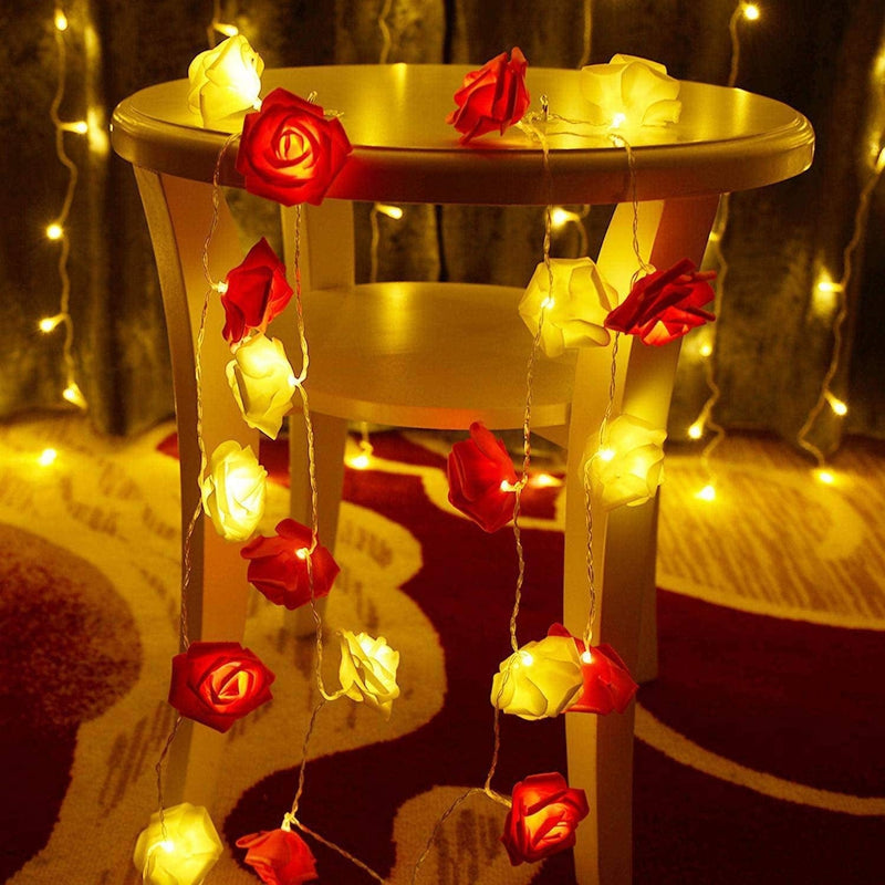 Valentine'S Day Rose String Lights 10 Ft 20 LED Battery Operated Rose Flower LED Lights for Valentine'S Day Anniversary Wedding Birthday Party Decorations Large Diameter 2.7 Inch (Red and White)