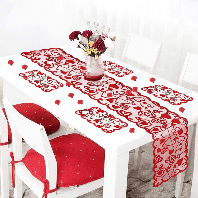 Valentine'S Day Table Runner and Placemats+Rose Petal Set of 6 | 1PC Lace Heart Table Runner (13 X 72 Inch)And 4 PCS Lace Table Placemats,For Valentines Table Decorations Dinner Party Supplies Home & Garden > Decor > Seasonal & Holiday Decorations Yizeda   