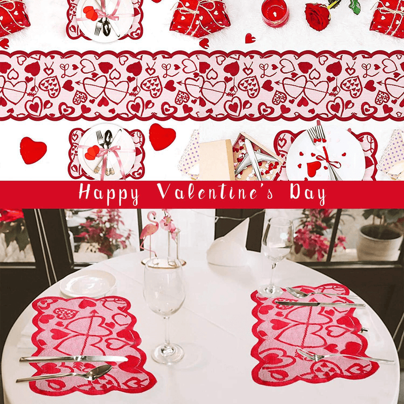 Valentine'S Day Table Runner and Placemats+Rose Petal Set of 6 | 1PC Lace Heart Table Runner (13 X 72 Inch)And 4 PCS Lace Table Placemats,For Valentines Table Decorations Dinner Party Supplies Home & Garden > Decor > Seasonal & Holiday Decorations Yizeda   
