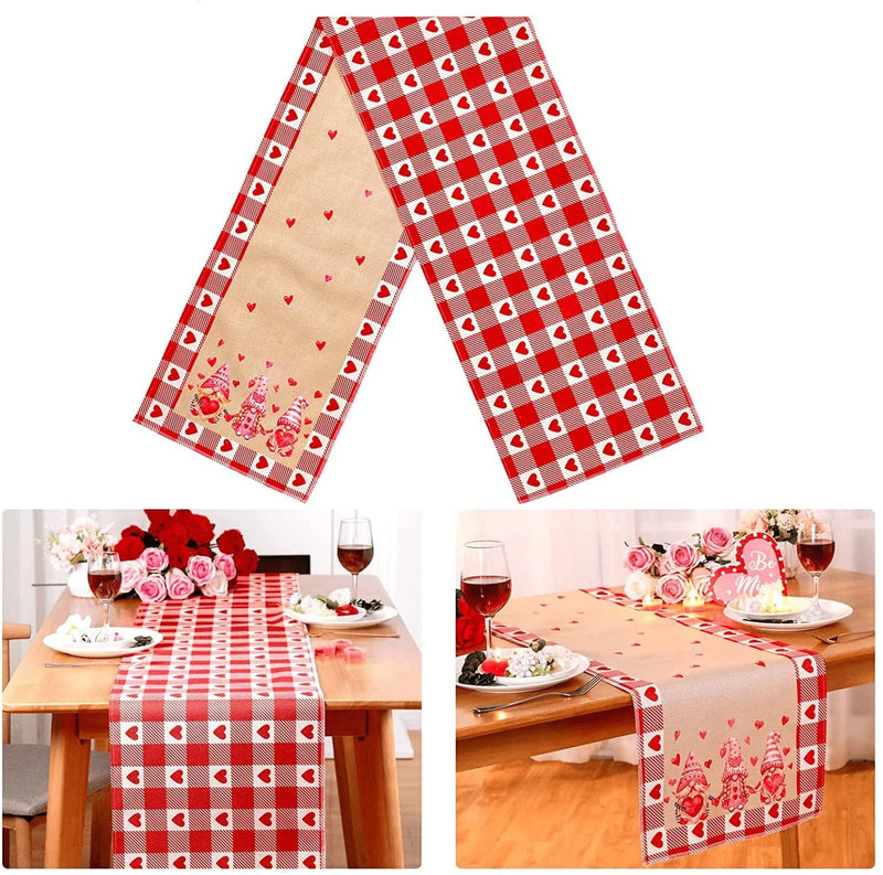 Valentine'S Day Table Runner Double Sided Hearts Red Burlap Table Runners Valentine Gnomes Table Cloth Decor for Home Dining Room 14 X 72 Inch