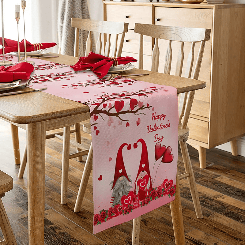 Valentine'S Day Table Runner - Happy Valentine'S Day Gnome with Red Love Heart Dresser Scarf Holiday Season Romantic Pink Valentine Flowers Dining Table Runner for Wedding/Party/Events (13 X 70 Inch) Home & Garden > Decor > Seasonal & Holiday Decorations Fantasy Staring   