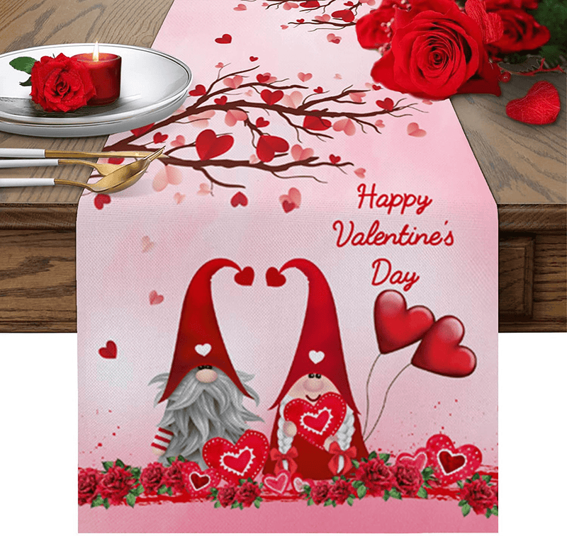 Valentine'S Day Table Runner - Happy Valentine'S Day Gnome with Red Love Heart Dresser Scarf Holiday Season Romantic Pink Valentine Flowers Dining Table Runner for Wedding/Party/Events (13 X 70 Inch) Home & Garden > Decor > Seasonal & Holiday Decorations Fantasy Staring Gnome 13*70in 