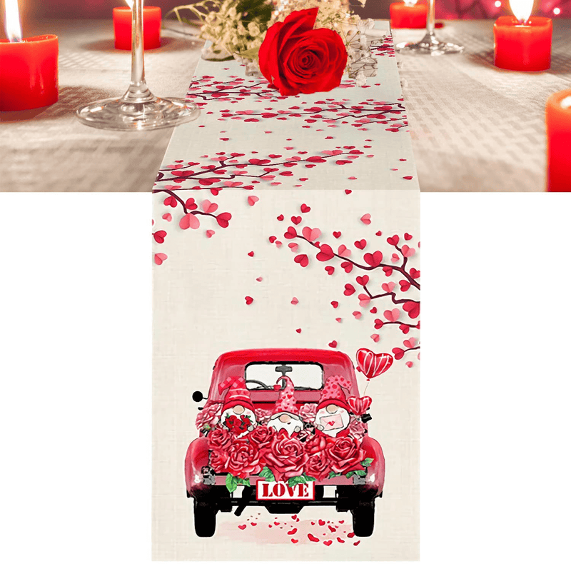 Valentine'S Day Table Runner Love Truck Gnome Love Branch Valentine'S Day Waterproof Tablecloth Suitable for Wedding Holiday Party Kitchen Restaurant Decoration 13X70 Inches Home & Garden > Decor > Seasonal & Holiday Decorations LASIFOP   