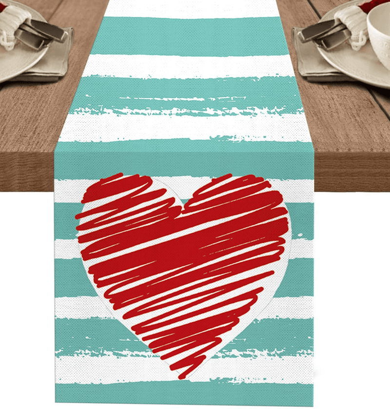 Valentine'S Day Table Runner with Love Heart, Seasonal Watercolor Stripes Anniversary Wedding Holiday Kitchen Dining Table Runners Indoor Outdoor Vintage for Home Party Decorations, 13 X 72 Inch Home & Garden > Decor > Seasonal & Holiday Decorations Sadaunbe   