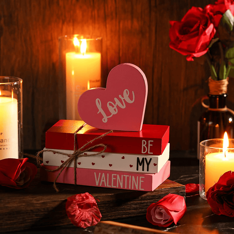 Valentine'S Day Tiered Tray Decoration Valentine Fake Books Rustic Farmhouse Tiered Tray Table Wooden Sign Wooden Mini Book Bundle Faux Books Valentine Heart Shape Sign for Home Valentine Decoration