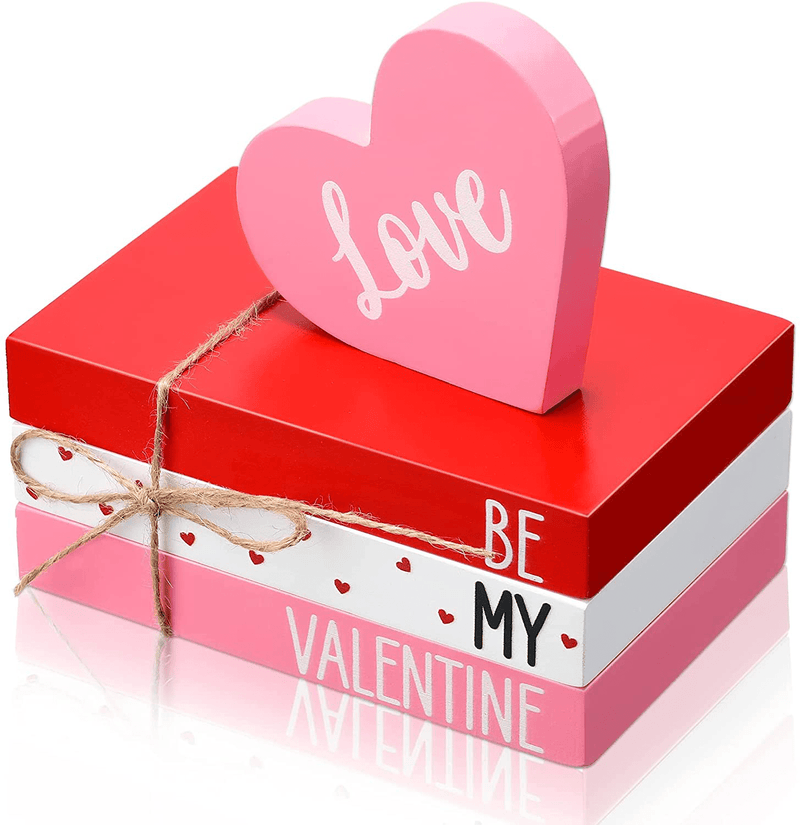 Valentine'S Day Tiered Tray Decoration Valentine Fake Books Rustic Farmhouse Tiered Tray Table Wooden Sign Wooden Mini Book Bundle Faux Books Valentine Heart Shape Sign for Home Valentine Decoration