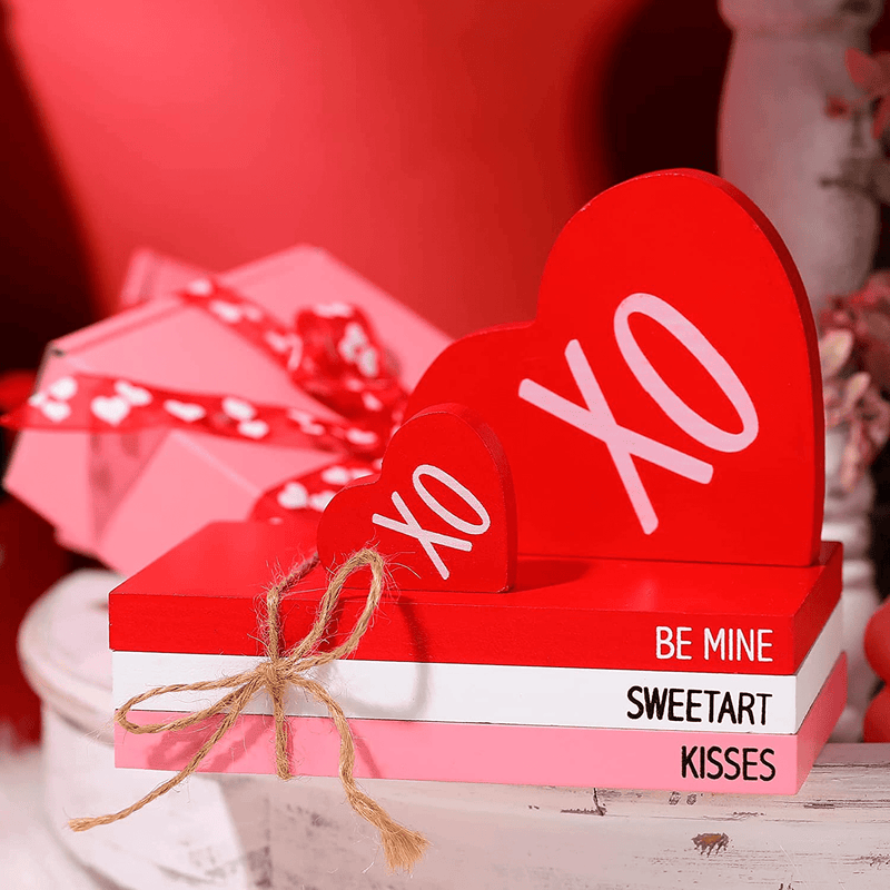 Valentine'S Day Tiered Tray Decorations Valentine'S Day Decor 3 Pieces Mini Faux Decorative Books Bundle with Twine and 2 Pieces Wooden Love Valentine'S Day Decorations for Home