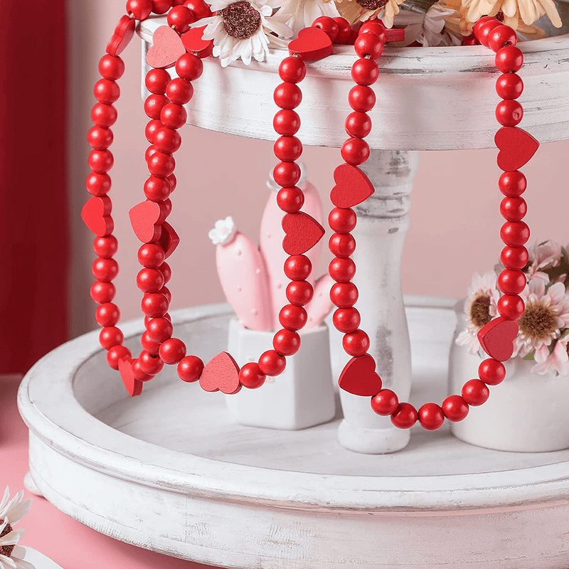 Valentine'S Day Wooden Beads Hanging Modern Farmhouse Decor Rustic Country Farmhouse Valentine'S Day Decor Natural Wood Bead Heart Garland Boho Valentine'S Day Garland for Tiered Tray Valentines Decor Home & Garden > Decor > Seasonal & Holiday Decorations MTLEE   