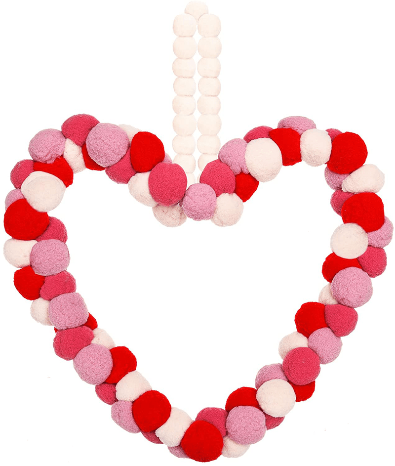 Valentine'S Day Wool Felt Pom Pom Wreath 10 Inch Front Door Felt Ball Wreath Valentine Door Wreath Decorations for Valentine'S Day Wedding Engagement Party Home, Pink, Beige, Red, Flesh Pink Home & Garden > Decor > Seasonal & Holiday Decorations Boao Heart Shape Style  