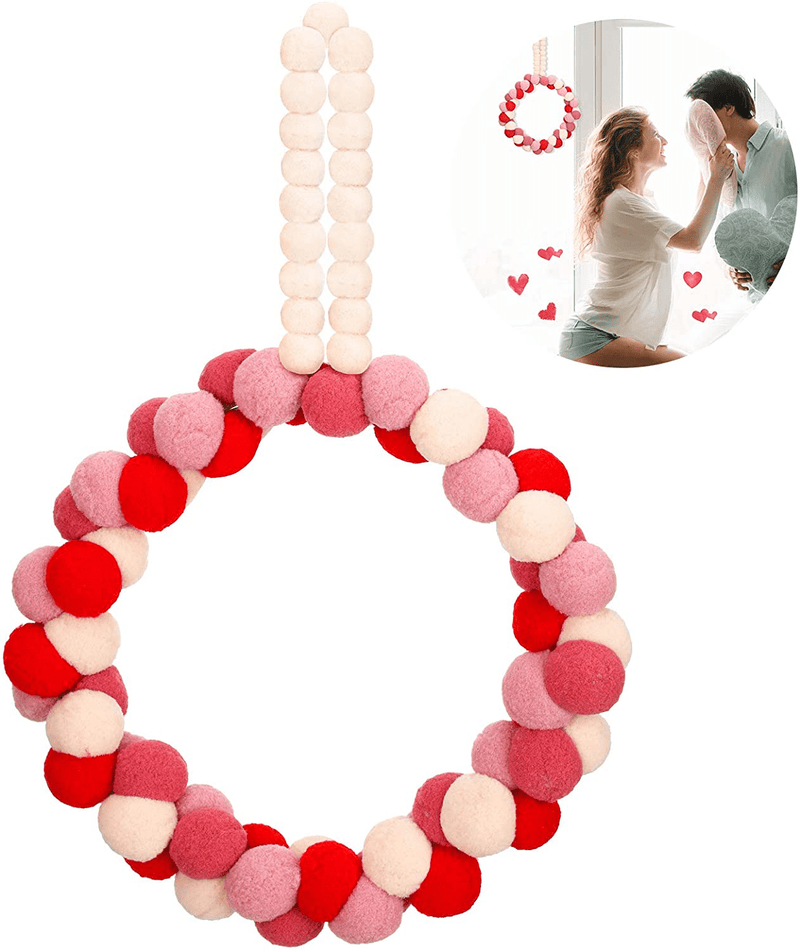 Valentine'S Day Wool Felt Pom Pom Wreath 10 Inch Front Door Felt Ball Wreath Valentine Door Wreath Decorations for Valentine'S Day Wedding Engagement Party Home, Pink, Beige, Red, Flesh Pink Home & Garden > Decor > Seasonal & Holiday Decorations Boao Round Shape Style  