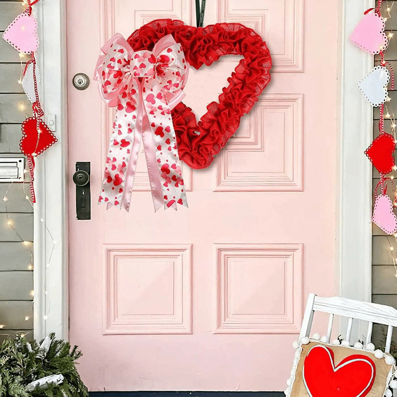 Valentine'S Day Wreath Bow Large Pink Printed Heart Wreath Bow Valentine'S Day Gift Bow Christmas Tree Topper Bow for Wreath Window Holiday Indoor Outdoor Decorations