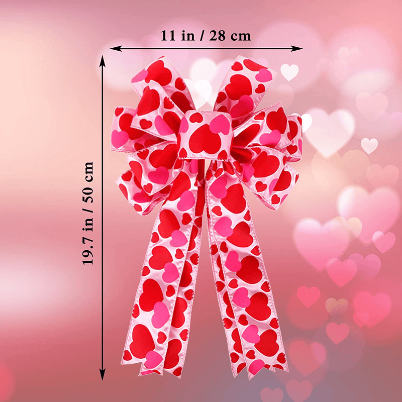 Valentine'S Day Wreath Bow Large Red Heart Printed Wreath Bow Valentine'S Day Gift Bow Christmas Tree Topper Bow for Wreath Window Holiday Indoor Outdoor Decorations