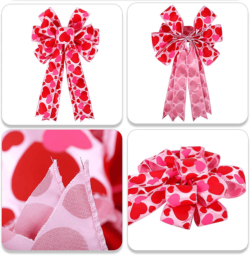 Valentine'S Day Wreath Bow Large Red Heart Printed Wreath Bow Valentine'S Day Gift Bow Christmas Tree Topper Bow for Wreath Window Holiday Indoor Outdoor Decorations