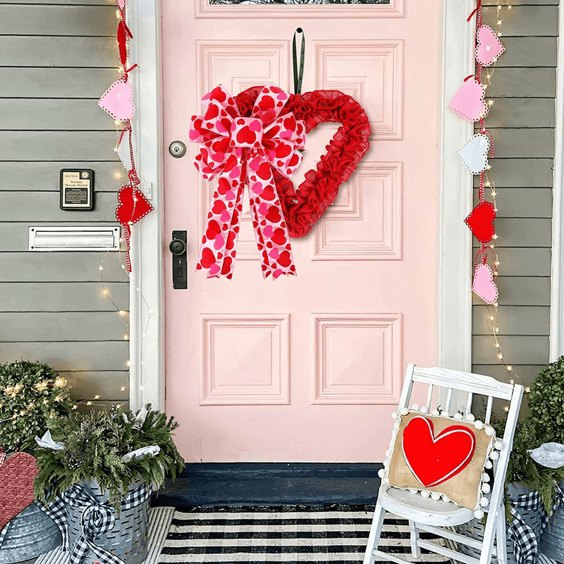 Valentine'S Day Wreath Bow Large Red Heart Printed Wreath Bow Valentine'S Day Gift Bow Christmas Tree Topper Bow for Wreath Window Holiday Indoor Outdoor Decorations Home & Garden > Decor > Seasonal & Holiday Decorations Creaides   
