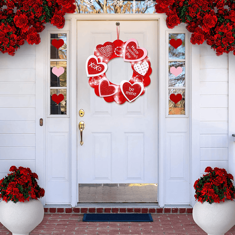 Valentine'S Day Wreath Hanging Sign 12 Inch Valentine'S Day Wall Plaques Home Decoration Felt Heart Glitter Wreath Wall Sign with White String Light for Valentine'S Day Home Indoor Outdoor Decoration Home & Garden > Decor > Seasonal & Holiday Decorations Mudder   