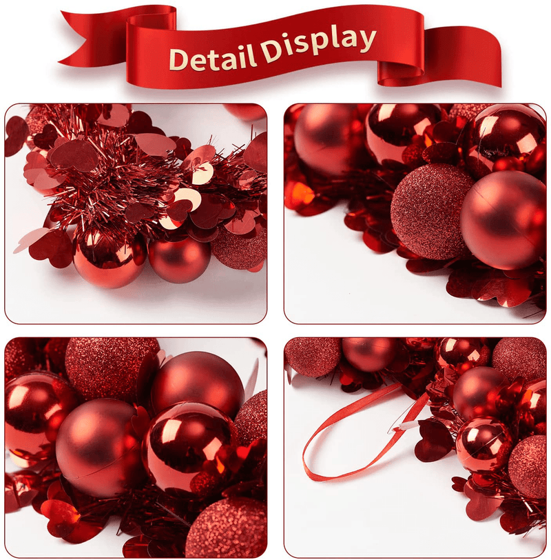 Valentine'S Day Wreath Red Heart Decor,Artificial 16”Christmas Holiday Outdoor Indoor Window Wreaths with Frosted Ball Ornaments Home & Garden > Decor > Seasonal & Holiday Decorations Generic   