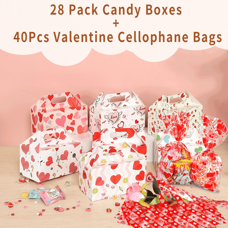 Valentine’S Treat Boxes Gift Bags - 28 Pack Valentines Candy Bags Goodie Bags for Party Supplies, Valentines Day Party Favors for Kids, 7 Patterns Valentines Bags for Wrapped Gifts Party Decorations Home & Garden > Decor > Seasonal & Holiday Decorations Mibor   