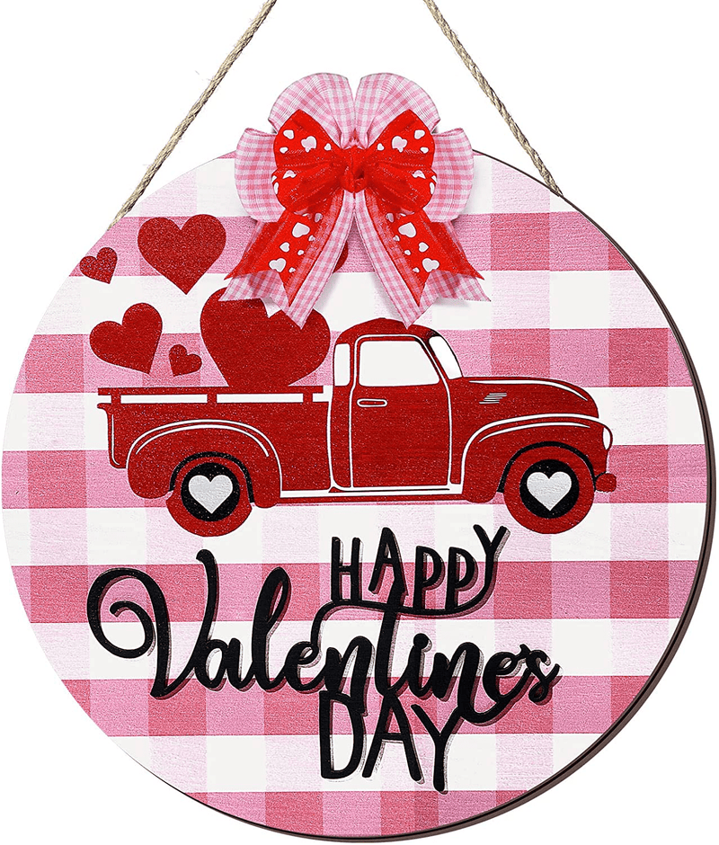 Valentine Signs for Wreaths Wooden Pink Buffalo Plaid Valentine'S Truck Door Decorations Happy Valentine'S Day Hanging Decor Valentines Wood Wall Decor Plaque for Wedding Room 11.8 Inch Home & Garden > Decor > Seasonal & Holiday Decorations Blulu   