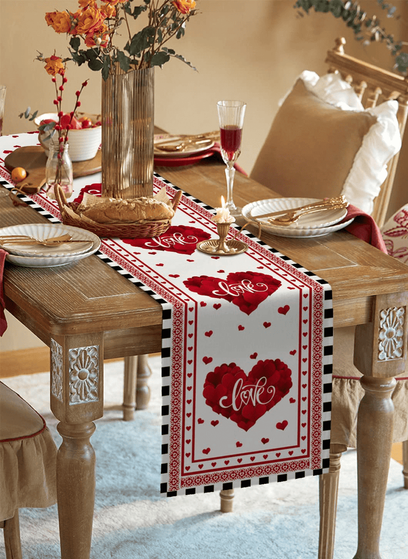 Valentine Table Runner 108 Inches Long for Table Decoration Valentine'S Day Red Rose Love Heart Black and White Plaid Coffee Table Runner for Kitchen/Dining Runners for Party Home Decor 13X108In Home & Garden > Decor > Seasonal & Holiday Decorations Picpeak   