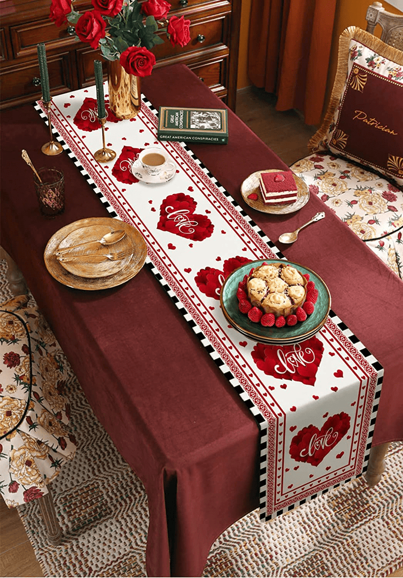Valentine Table Runner 108 Inches Long for Table Decoration Valentine'S Day Red Rose Love Heart Black and White Plaid Coffee Table Runner for Kitchen/Dining Runners for Party Home Decor 13X108In Home & Garden > Decor > Seasonal & Holiday Decorations Picpeak   