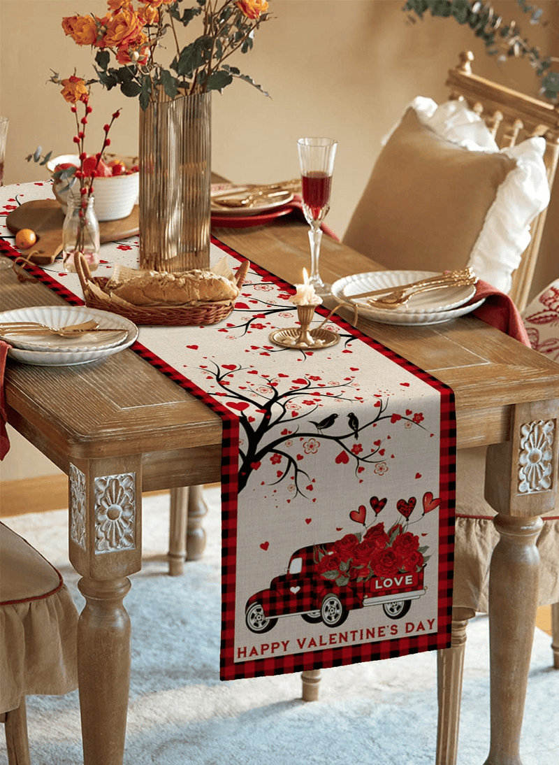 Valentine Table Runner 120 Inches Long for Table Decoration Happy Valentine'S Day Truck with Rose Red and Black Buffalo Plaid Coffee Table Runner for Kitchen Runners for Party Home Decor 13X120In Home & Garden > Decor > Seasonal & Holiday Decorations Sunteeny   
