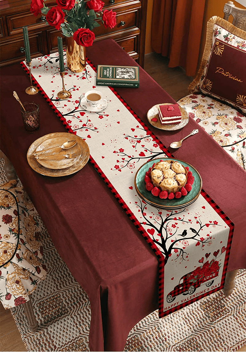 Valentine Table Runner 120 Inches Long for Table Decoration Happy Valentine'S Day Truck with Rose Red and Black Buffalo Plaid Coffee Table Runner for Kitchen Runners for Party Home Decor 13X120In Home & Garden > Decor > Seasonal & Holiday Decorations Sunteeny   