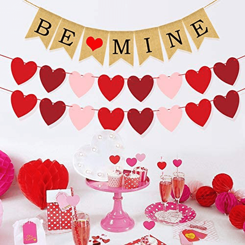 Valentines Day Banners - BE Mine Burlap Banner with 2 Felt Heart Garland Banners - Valentine'S Day Decorations, Wedding, Engagement Party Supplies Arts & Entertainment > Party & Celebration > Party Supplies Dazonge   