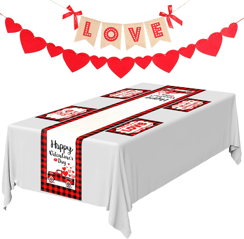 Valentines Day Buffalo Plaid Truck Table Runner with 4 Pieces Buffalo Plaid Placemats 2 Pieces Valentines Day Garland Banner for Wedding, Anniversary, Holiday Parties, Kitchen, Dining Room Decoration Home & Garden > Decor > Seasonal & Holiday Decorations Tegeme   