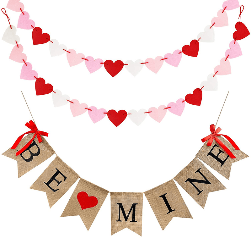Valentines Day Burlap Banner, Valentine Day Décor for Home, Be Mine Hanging Banner & 28 Pcs Felt Heart Garland Banner Decor for Mantle Fireplace Wall, Decorations Pre-Assembled - No DIY Required Arts & Entertainment > Party & Celebration > Party Supplies CNVOILA Black Be Mine Banner + Red Heart Banner  