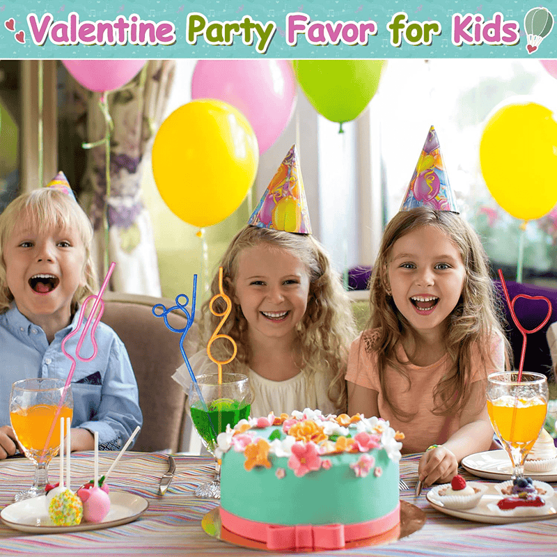 Valentines Day Cards for Kids - 32 Crazy Loop Reusable Drinking Straws with Colorful Cards, Valentine Party Favors for Boys & Girls, Kids Exchange Cards for School Classroom, Ideal Valentine Gifts