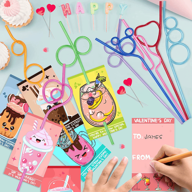 Valentines Day Cards for Kids - 32 Crazy Loop Reusable Drinking Straws with Colorful Cards, Valentine Party Favors for Boys & Girls, Kids Exchange Cards for School Classroom, Ideal Valentine Gifts