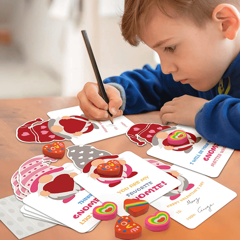 Valentines Day Cards for Kids - Gnomes Heart Erasers Valentine Card 24 Pack - Valentine'S Day Exchange Cards for Girls Boys School Classroom Gifts Party Favors Home & Garden > Decor > Seasonal & Holiday Decorations 3 years and up   