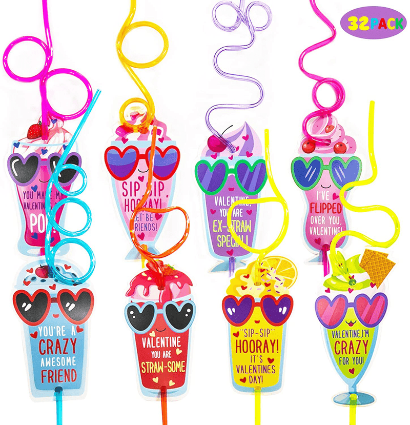 Valentines Day Cards for Kids - Set of 32 Crazy Straws Bulk - Valentine Exchange Cards for Girls Boys Toddlers School Class Classroom Party Favors