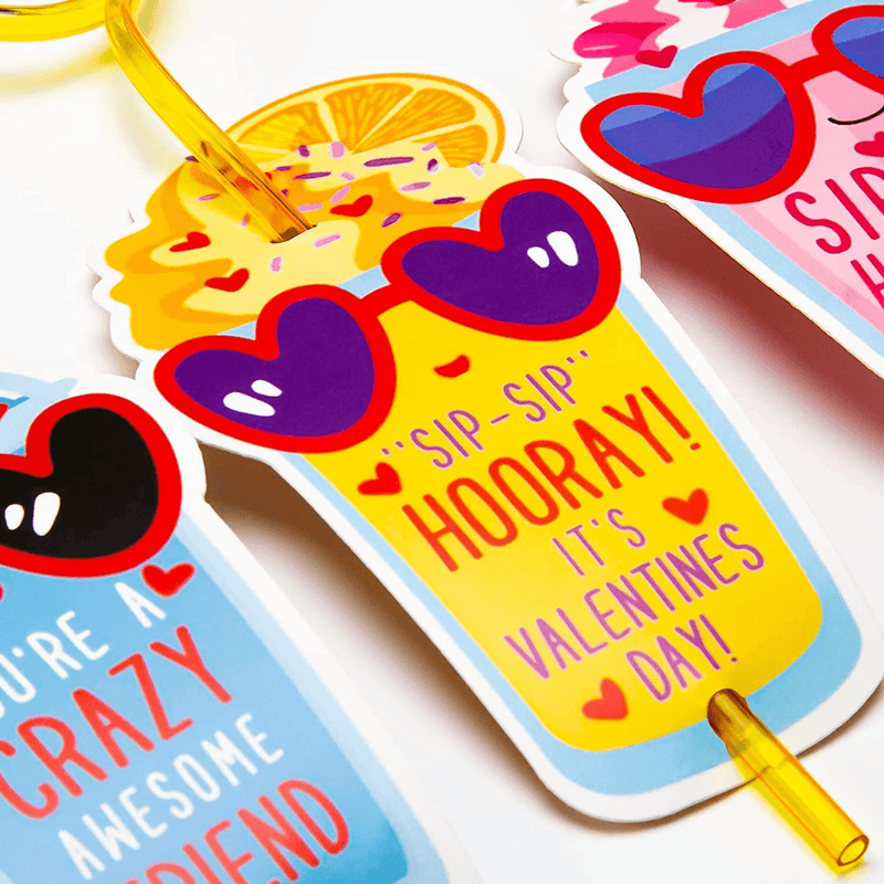 Valentines Day Cards for Kids - Set of 32 Crazy Straws Bulk - Valentine Exchange Cards for Girls Boys Toddlers School Class Classroom Party Favors