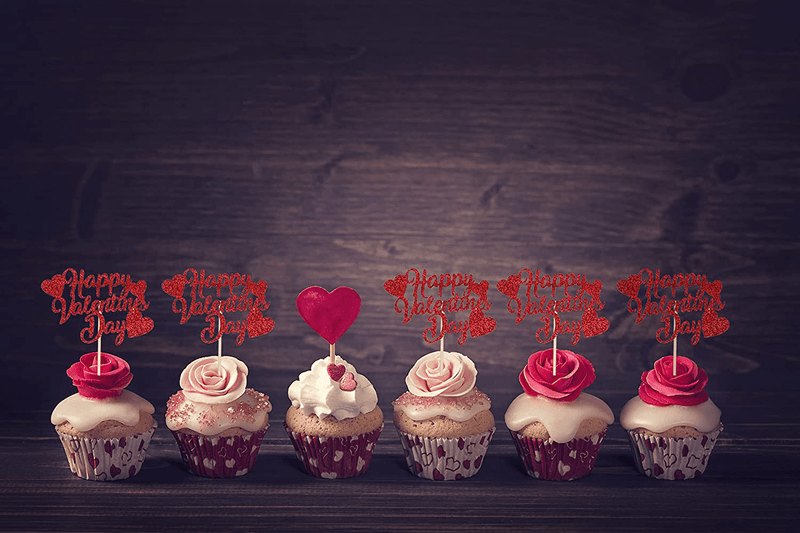 Valentines Day Cupcake Toppers Decorations, Red Glitter Happy Valentines Day Cupcake Toppers for Valentine'S Day Decoration Wedding Engagement Party Decoration, Valentines Day Party Decorations -24PCS Home & Garden > Decor > Seasonal & Holiday Decorations Deneo   