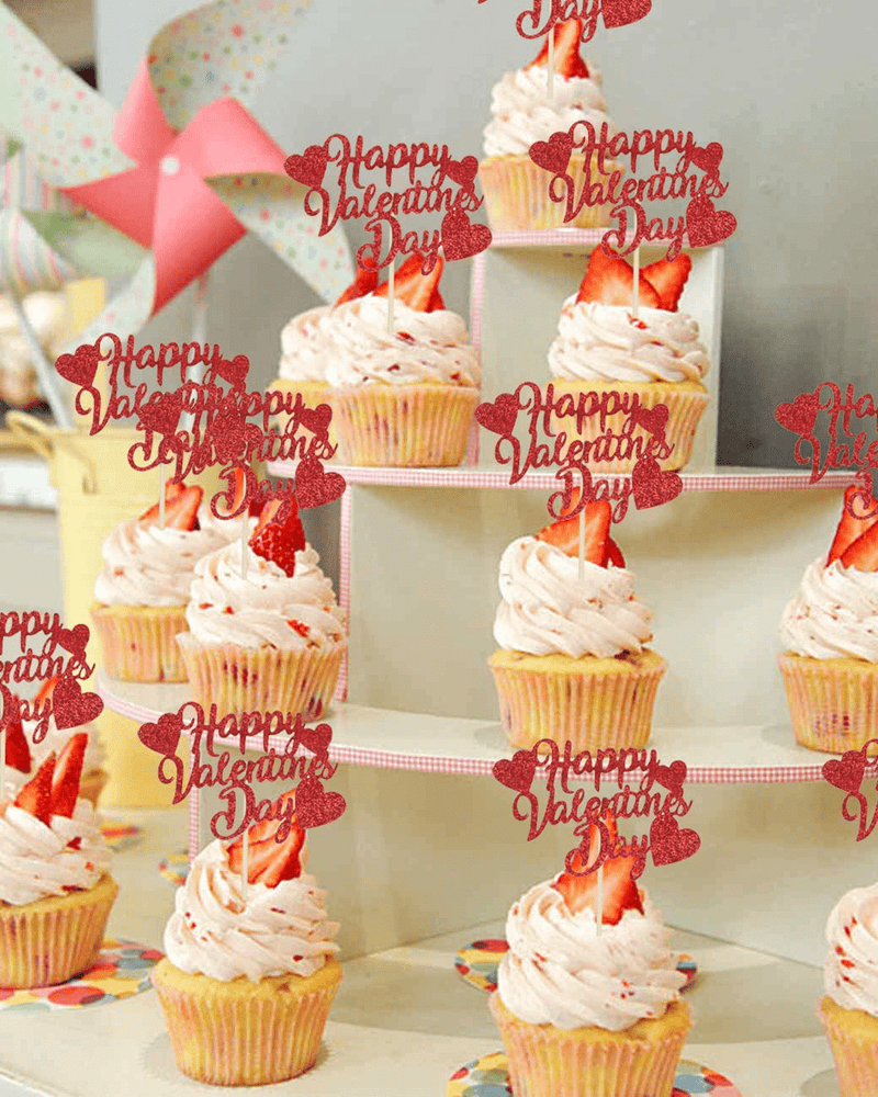 Valentines Day Cupcake Toppers Decorations, Red Glitter Happy Valentines Day Cupcake Toppers for Valentine'S Day Decoration Wedding Engagement Party Decoration, Valentines Day Party Decorations -24PCS Home & Garden > Decor > Seasonal & Holiday Decorations Deneo   
