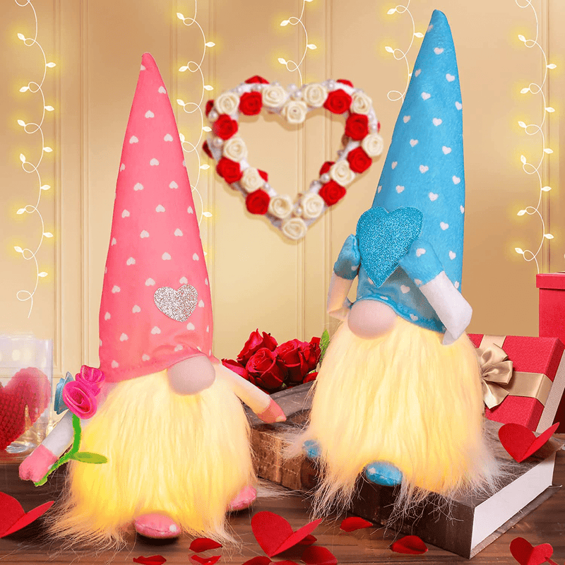 Valentines Day Decor 2 PCS Gnomes Plush Doll with LED Lights for Sweet Valentine'S Day Gifts Presents Home Decor Tabletop Figurines,Mr and Mrs Handmade Dwarf Ornaments Decorations for Holiday