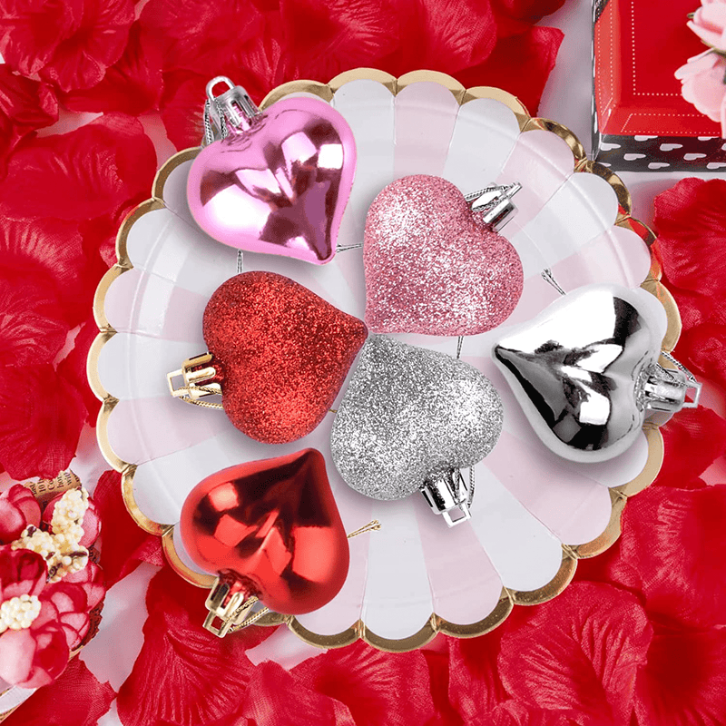 Valentines Day Decor 24 Pieces Heart Shaped Ornaments,Glossy and Glitter Hanging Heart Baubles Valentines Day Decorations for Home Valentine Tree Wedding Anniversary Party(Red,Pink,Sliver) Home & Garden > Decor > Seasonal & Holiday Decorations Yadoo   