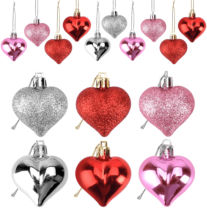 Valentines Day Decor 24 Pieces Heart Shaped Ornaments,Glossy and Glitter Hanging Heart Baubles Valentines Day Decorations for Home Valentine Tree Wedding Anniversary Party(Red,Pink,Sliver) Home & Garden > Decor > Seasonal & Holiday Decorations Yadoo   