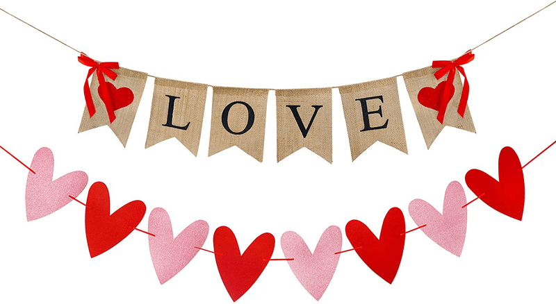 Valentines Day Decor, Love Burlap Banner Valentines Decorations Hanging Heart Garland Rustic Valentine Décor for Home Red Glittery Heart Banner Decor for Mantle Fireplace Wall Arts & Entertainment > Party & Celebration > Party Supplies ANOTION Pink and Linen  