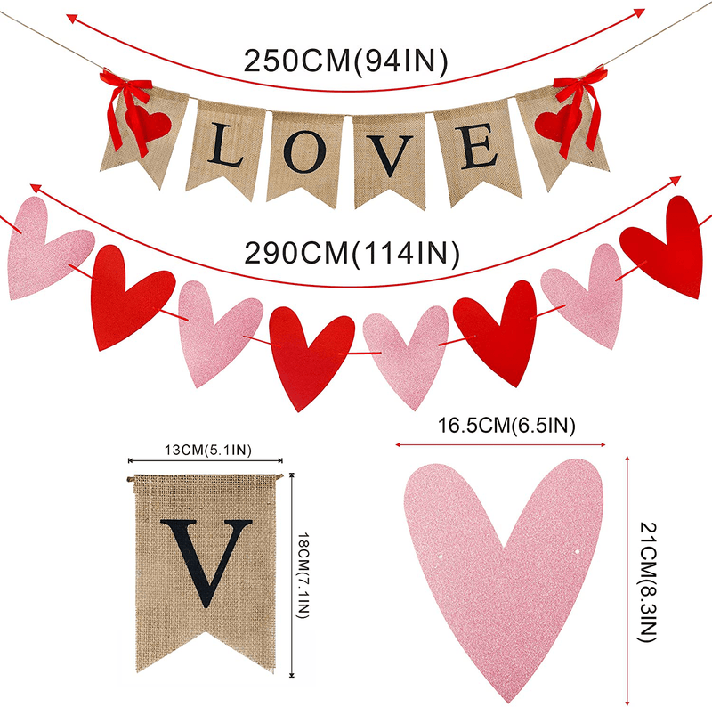 Valentines Day Decor, Love Burlap Banner Valentines Decorations Hanging Heart Garland Rustic Valentine Décor for Home Red Glittery Heart Banner Decor for Mantle Fireplace Wall Arts & Entertainment > Party & Celebration > Party Supplies ANOTION   