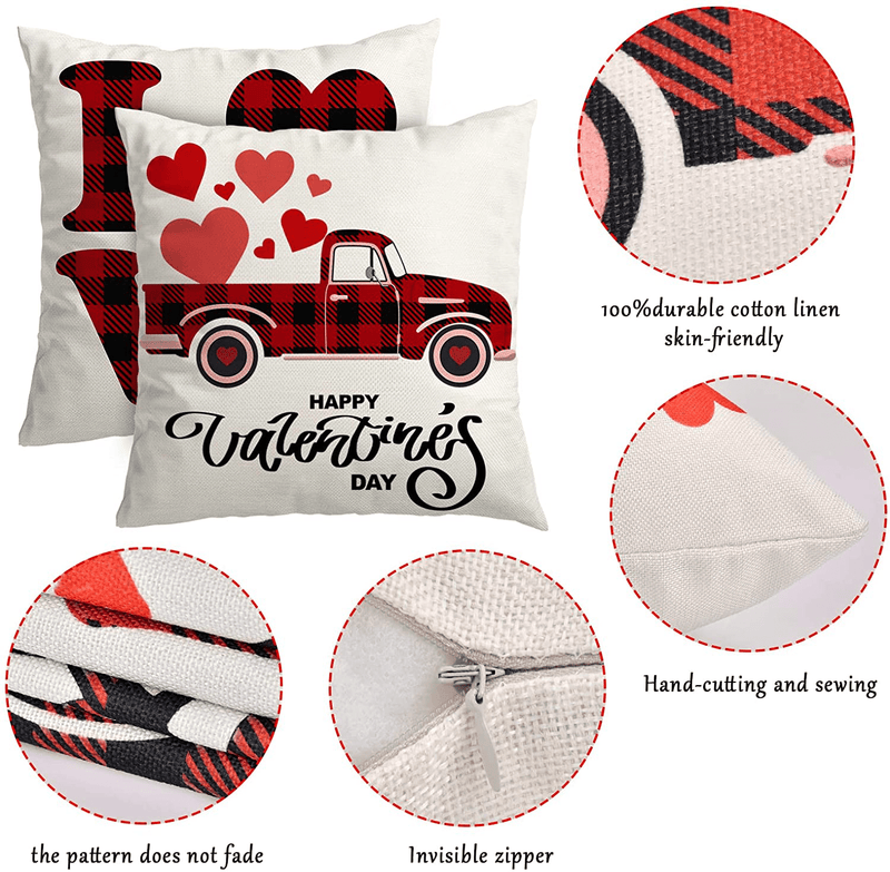 Valentines Day Decor, Valentines Day Decoration Pillow Covers 18X18 Inch Set of 4 Red Linen Buffalo Plaid Check, Happy Valentine'S Day Throw Pillows Decorative Cushion Cases Valentine Decorations