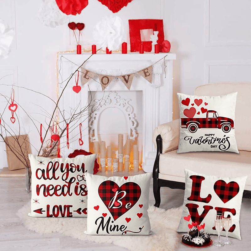 Valentines Day Decor, Valentines Day Decoration Pillow Covers 18X18 Inch Set of 4 Red Linen Buffalo Plaid Check, Happy Valentine'S Day Throw Pillows Decorative Cushion Cases Valentine Decorations Home & Garden > Decor > Seasonal & Holiday Decorations Wareon   